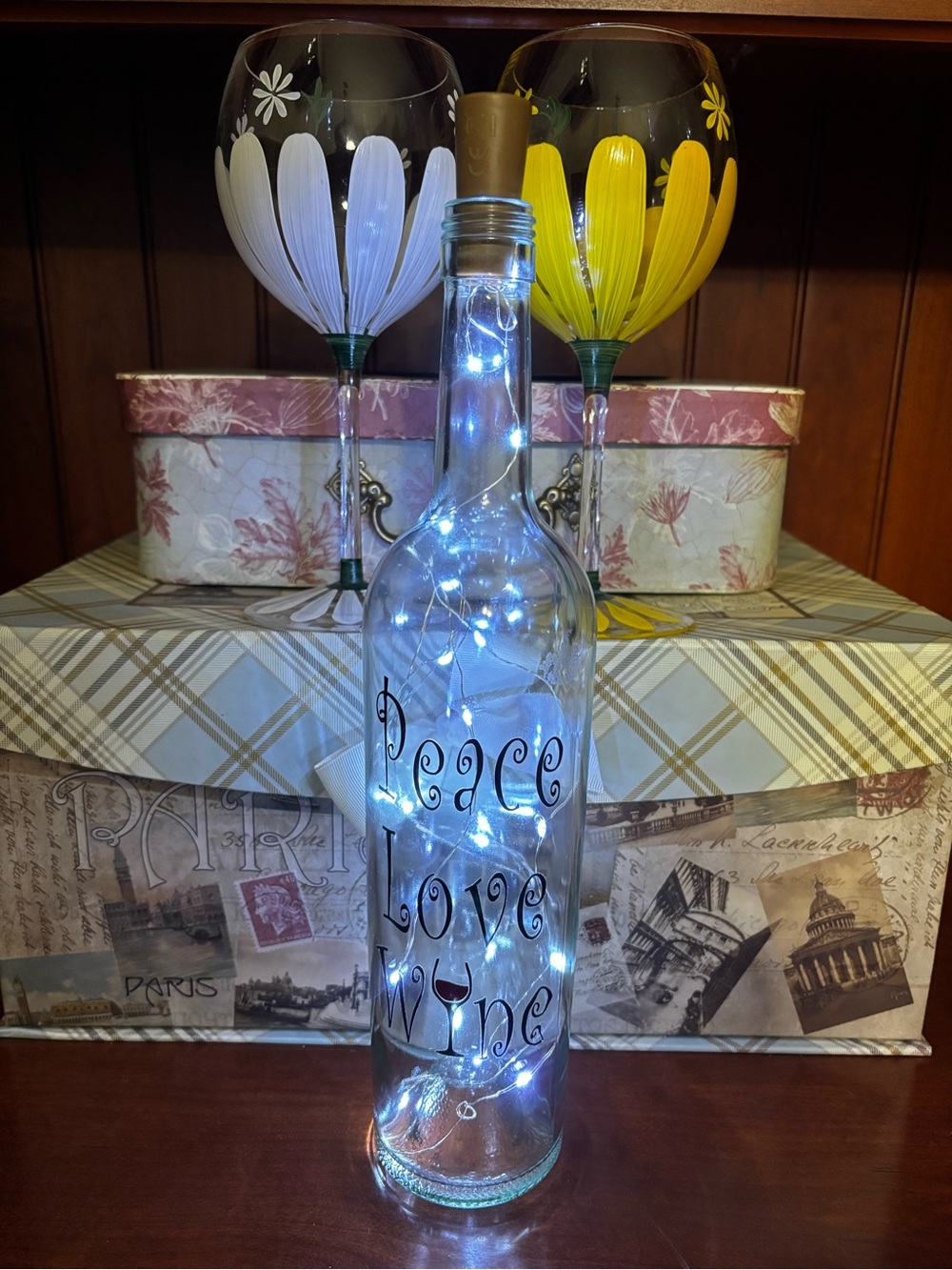 Peace Love Wine LED Bottle Light - Clear Glass Decorative Bottle